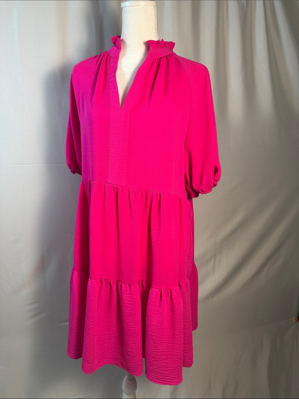 CeCe Hot Pink Tiered Ruffle Neck Dress